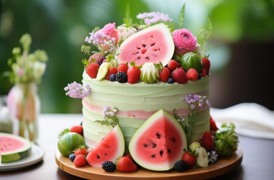 کیک هندوانه ای در قابلمه + آسان‌ترین روش تهیه | قشنگ ترین کیک شب یلدا را بدون فر درست کنید