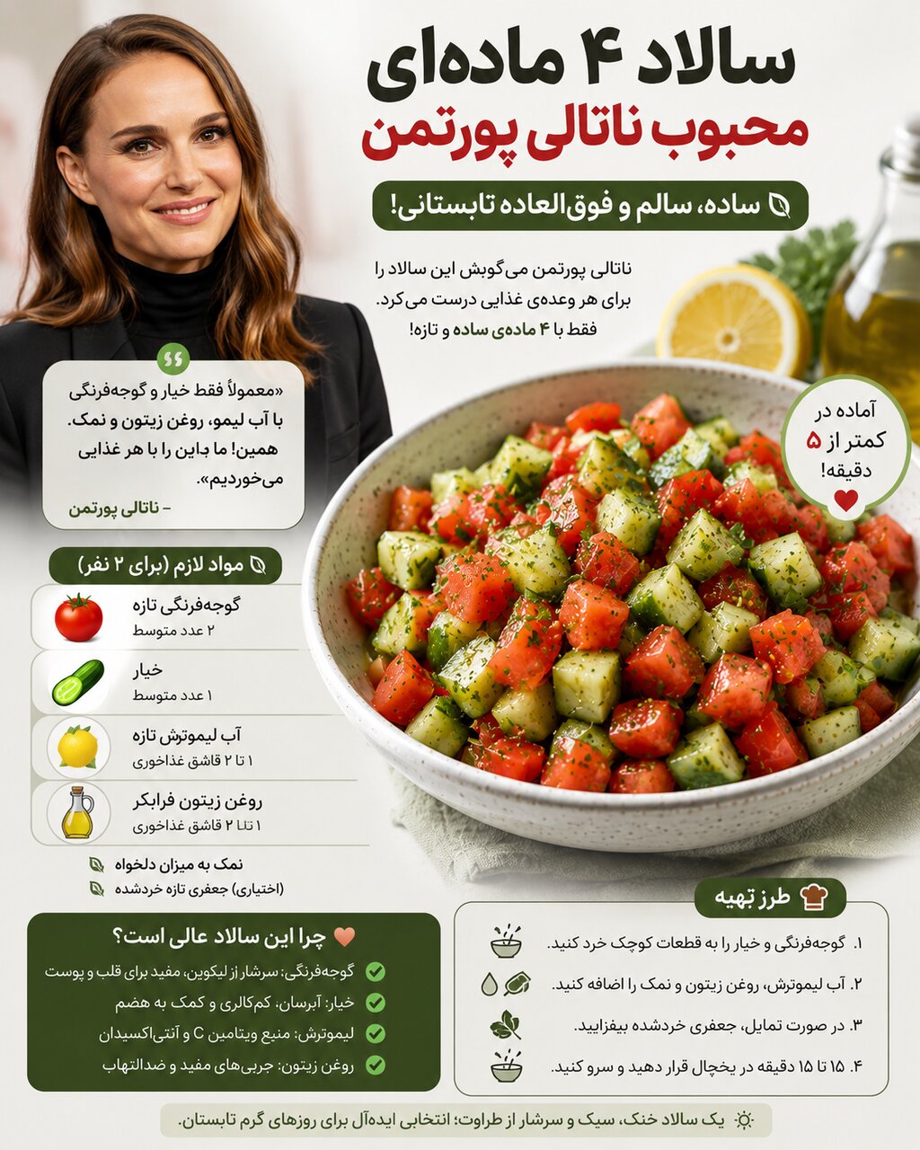 سالاد محبوب ناتالی پورتمن، مشابه سالاد شیرازی؛ یک انتخاب خنک، سالم و تابستانی