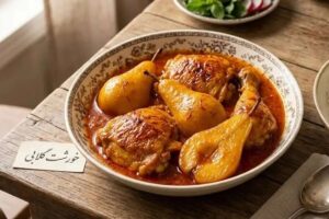خورشت گلابی با مرغ؛ ترکیب هوشمندانه طعم‌های میوه‌ای و زعفرانی